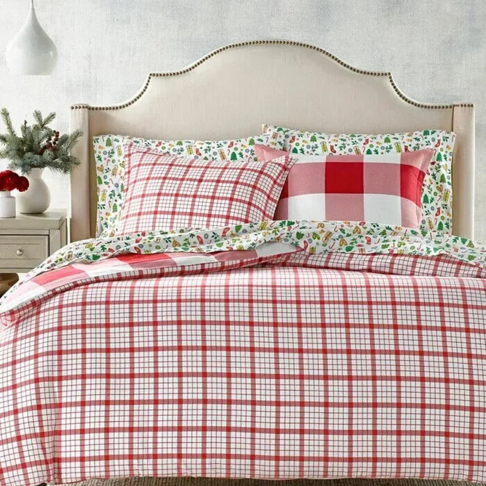 Charter Club King Red Check Flannel Duvet Cover & Sheet Set